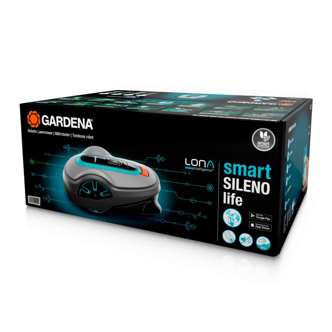 GARDENA Mähroboter smart SILENO life 1.000 m² Set mit LONA Funktion + Garage Verpackung