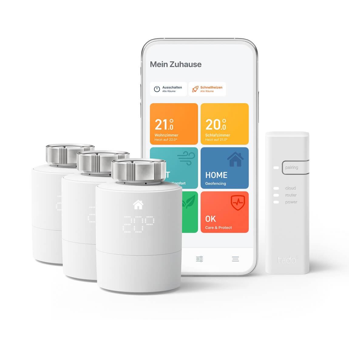 tado° Smartes Heizkörper-Thermostat Starter Kit V3+ mit 3 Thermostaten & Bridge zur Einzelraumsteuerung