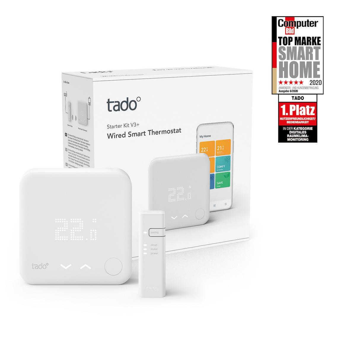 tado° Smartes Heizkörper-Thermostat Starter Kit V3+ mit 3 Thermostaten + Funk-Temperatursensor