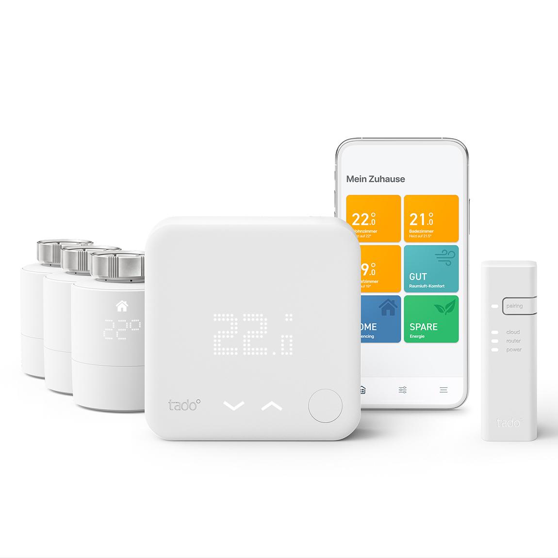 tado° Smartes Heizkörper-Thermostat Starter Kit V3+ mit 3 Thermostaten + Funk-Temperatursensor