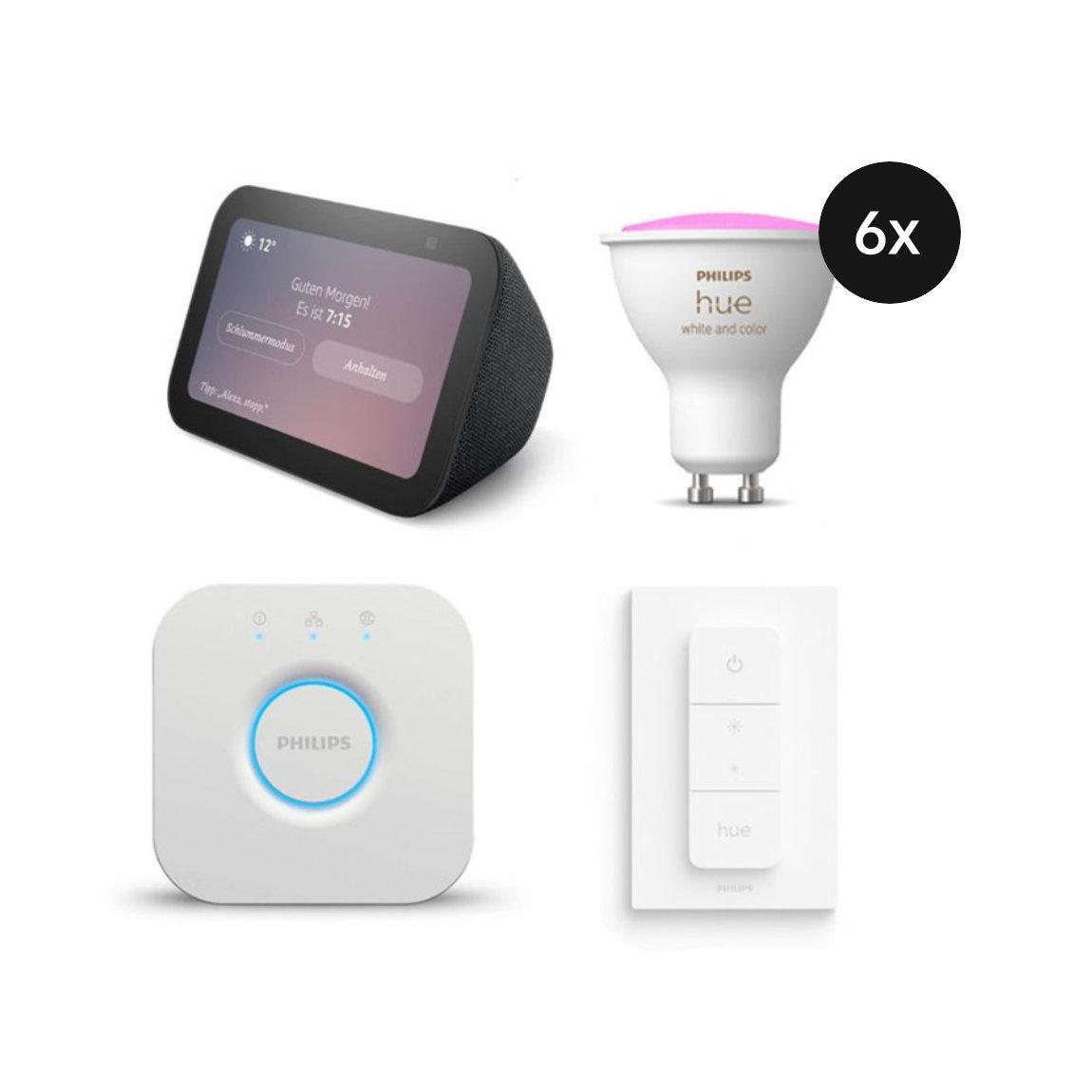 Philips Hue White & Color Ambiance GU10 Bluetooth Starter Kit mit 6 Lampen + Amazon Echo Show 5 Gen. 3