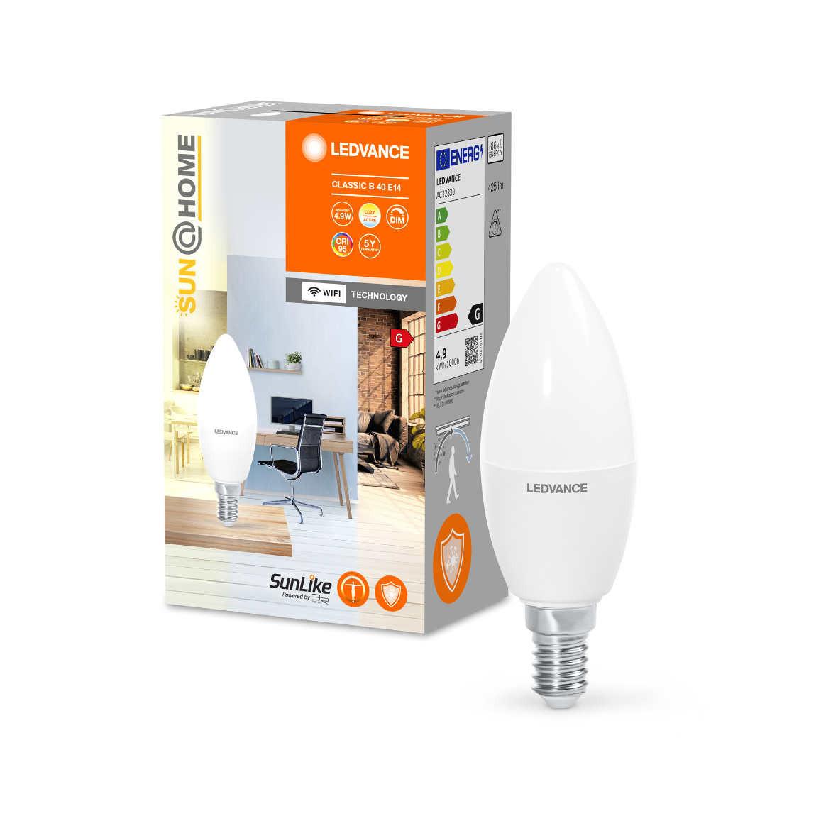 Ledvance Sun@Home SMART+ Classic B40 WiFi E14 Warm- und Kaltweiß_Verpackung mit Lampe