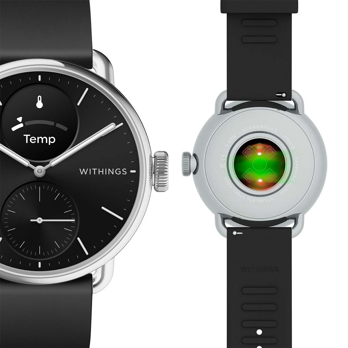 Withings Scanwatch 2 - Hybrid Smartwatch mit Überwachung der Herzgesundheit - Schwarz und 38 mm_vorder_rückseite